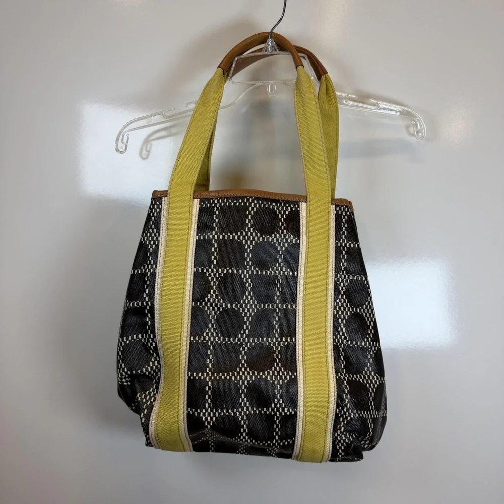 Kate Spade Tote Bag Medium Black Canvas Leather Yellow Straps Geometric